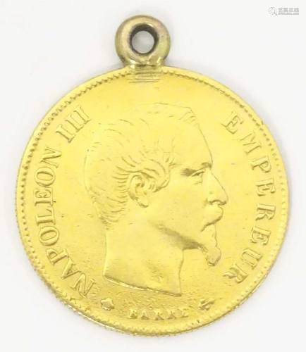 A French Napoleon III 1859 gold coin with pendant loop to to...