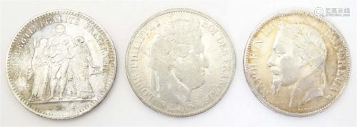 Three assorted French coins to include 19thC Napoleon III 5 ...