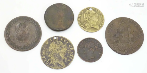 Assorted coins / tokens etc. to include a Leith halfpenny, e...