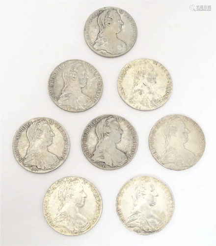 Eight various Maria Theresa Thaler coins. Approx. 1 1/2"...