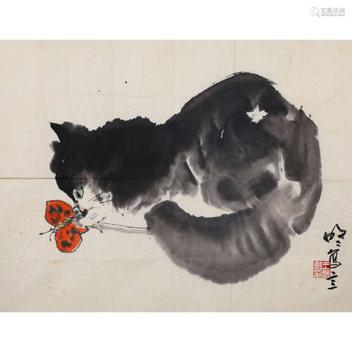 王明明（b.1952） 猫蝶图 设色纸本镜心