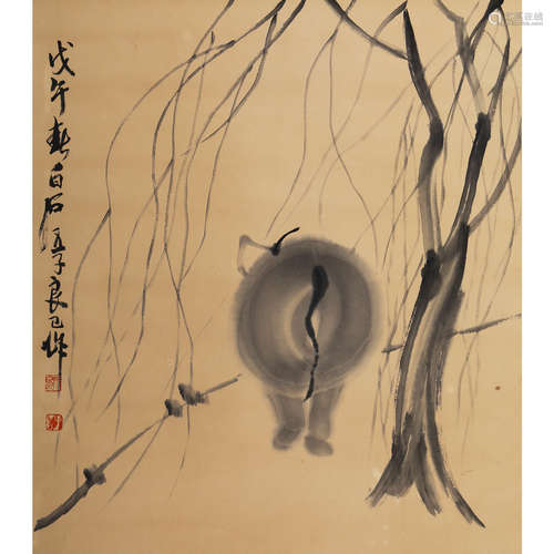 齐良已（1923-1988） 柳牛 水墨纸本立轴