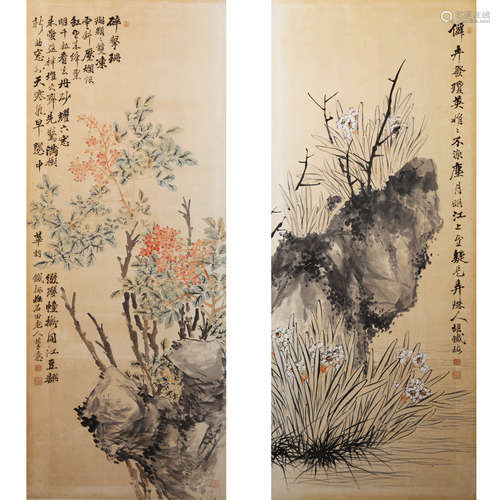 胡铁梅（1848-1899） 花鸟屏风六屏 设色纸本屏风