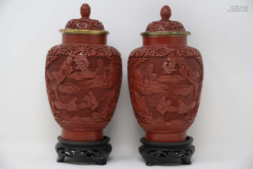 Chinese Red Cinnabar Pair of Lacquer Vases and Cover