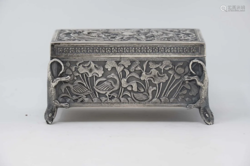 Chinese Antique Solid Silver Dragons and Bat Box