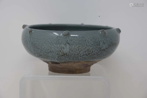 Jun Ware Porcelain Blue Frog Bowl with Eight Drumnails