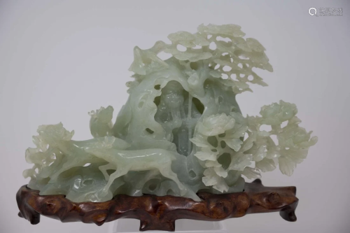 Chinese Celadon Green Jade Carving Immortals & Deers
