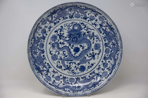 Chinese Blue & White Porcelain Five Prong Dragon Charger