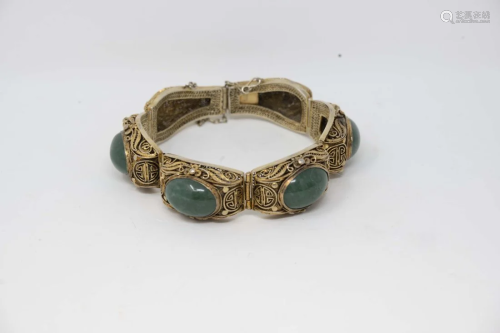 Chinese Goldwash Silver and Jade Stone Bracelet