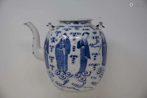 Chinese Antique Blue & White Porcelain Tea Pot God and G...