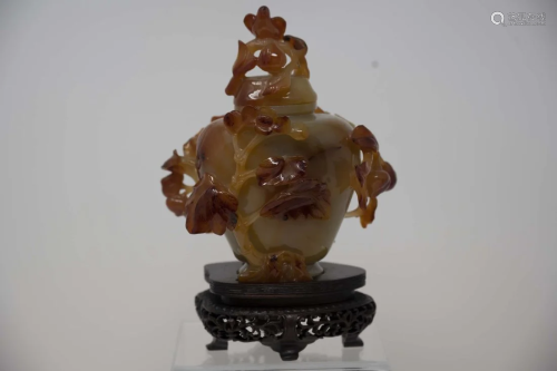 Chinese Carved Agate Carnelian Vessel and Cover Cherry Bloss...