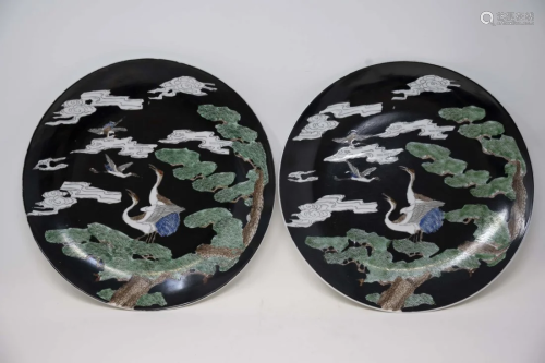 Chinese Famille Noir Plates with Crane Design