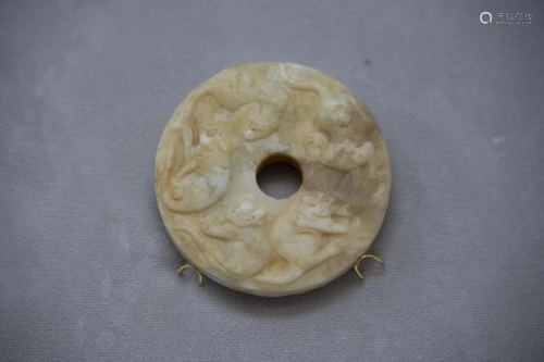 Chinese Antique White Jade Bi Disk Carving