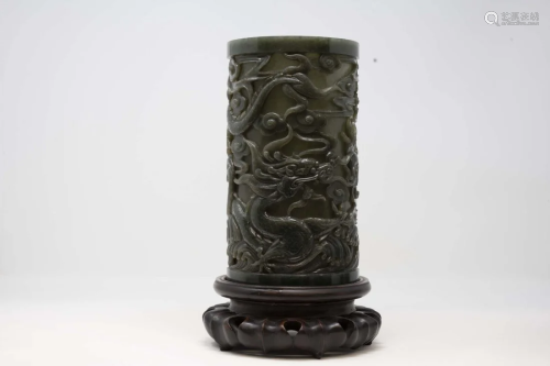 Chinese Antique Green Jade Carving of a Brush Pot