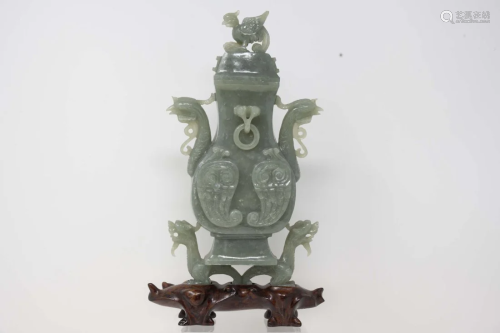 Chinese Antique Pale Green Jade Carving of Bird Dragion Vase