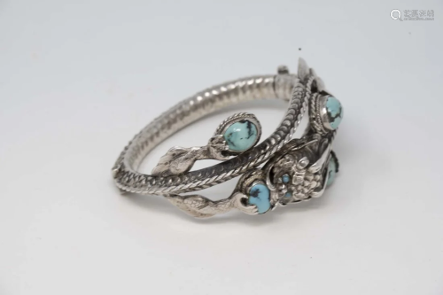 Chinese Turquoise Silver Dragon des Bangle Bracelet
