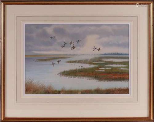 Robjent, Richard (1937) 'Flying ducks in water landscape...