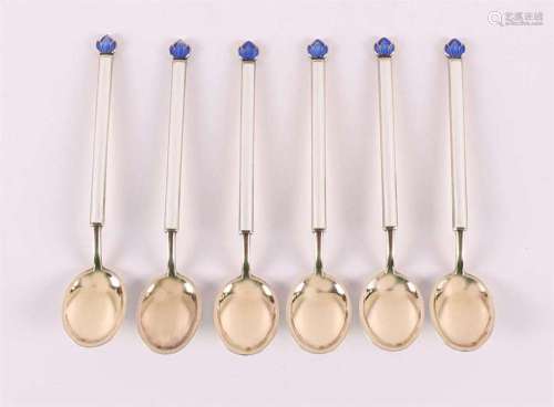 Six 1st grade silver enamel coffee spoons with lotus flower,...