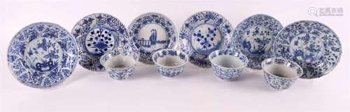 Four blue/white porcelain cups and six saucers, including Ch...