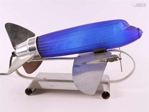 A blue glass and chrome metal airplane lamp, Dacota DC3, USA...