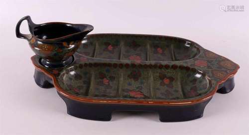 A pottery asparagus dish with accompanying sauce bowl, ca. 1...