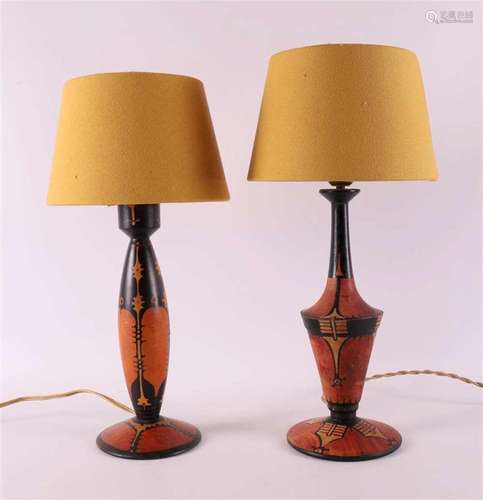 Two various batik wooden Amsterdam School table lamps, ca. 1...