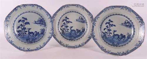 Three blue and white octagonal porcelain deep dishes, China,...