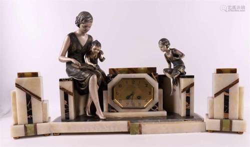 An Art Deco style onyx and marble clock set, early 20th cent...