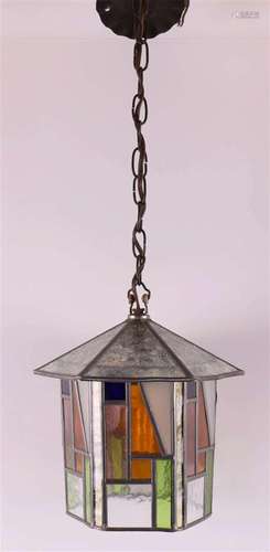 A hexagonal Amsterdam School stained glass hall lamp, ca 192...