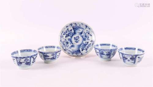 Four blue/white porcelain cups and a saucer, China, Kangxi, ...