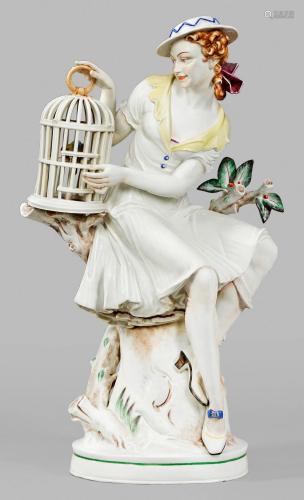 Monumentale Figur "Mädchen mit Vogelkäfig". Origin...