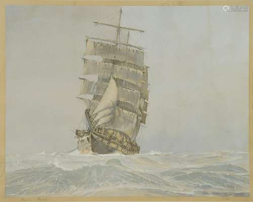 MARIN-MARIE, 1901-1987 ,Navire en mer,pochoir à la gouache s...