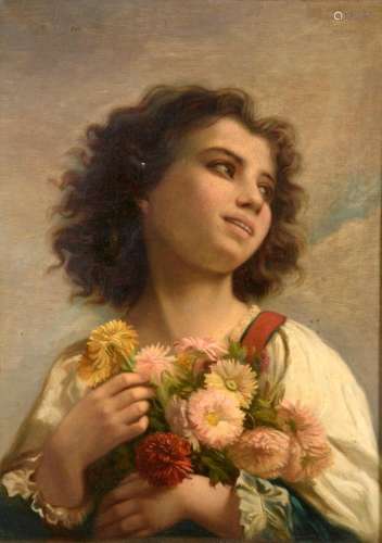 ANONYME XIXe siècle,Jeune fille aux chrysanthèmes,huile sur ...