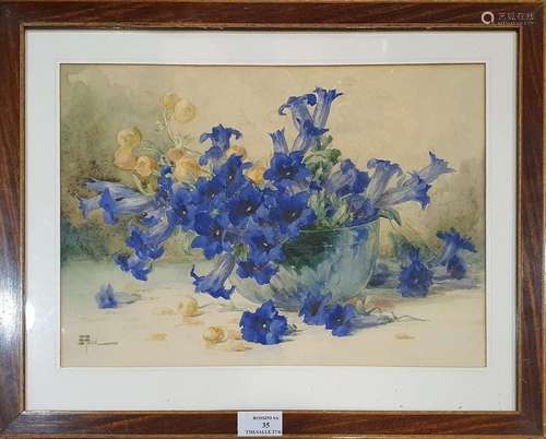 FILLIARD Ernest (1868-1933)Gentianes bleues au bolAquarelle,...