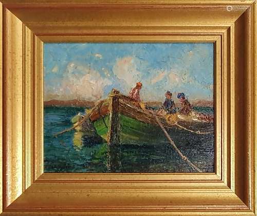 BONAMICI Louis, 1878-1966,Pêcheurs en barque,huile sur panne...