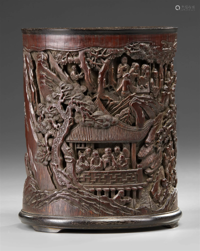 A CHINESE CARVED BAMBOO 'SCHOLARS' BRUSH POT, BITO...