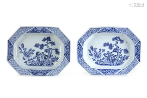 A PAIR OF CHINESE BLUE AND WHITE OCTAGONAL DISHES, 18TH CENT...