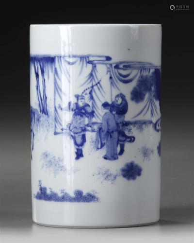A CHINESE BLUE AND WHITE BRUSH POT, QING DYNASTY (1644-1912)