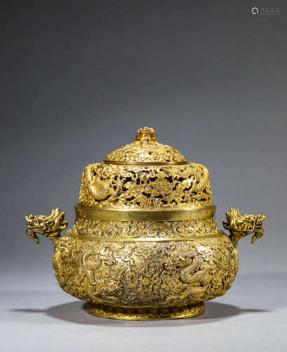 Gilt-Bronze Twin-Dragon Chilong-Eared Censer