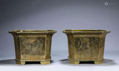 Pair of Engraved Bronze Figure Pots