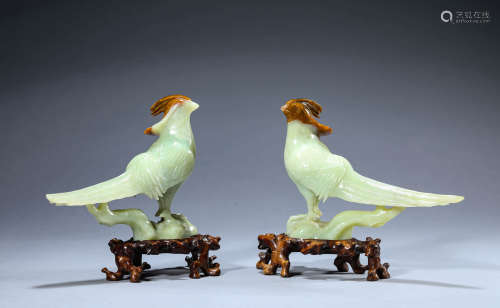 Pair of Carved Jade Chicken-Form Statues