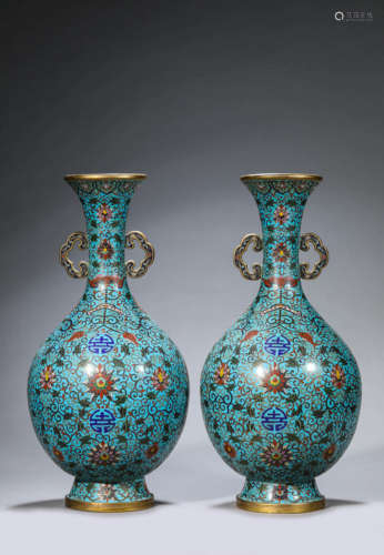 Pair of Cloisonne Enamel Double-Eared Vases