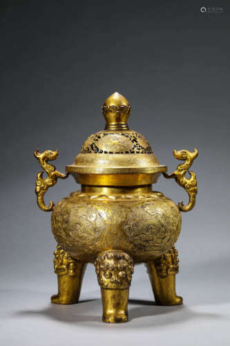 Gilt-Bronze Enclosing Dragon Chilong-Eared Censer