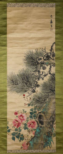 Chinese Flower Painting Silk Scroll, Ye Shou Mark