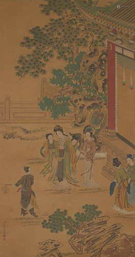 Chinese Figure Painting Silk Scroll, Jiao Bingzhen Mark