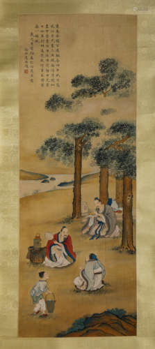 Chinese Figure Painting Silk Scroll, Xu Bangda Mark