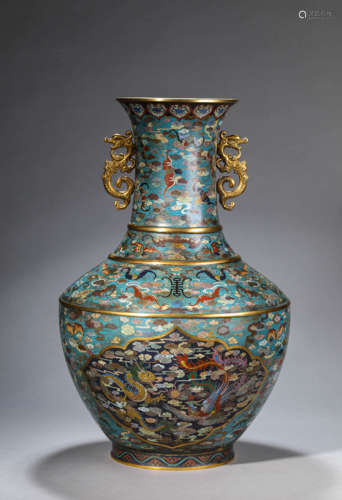 Cloisonne Enamel Dragon and Phoenix Chilong-Eared Vase