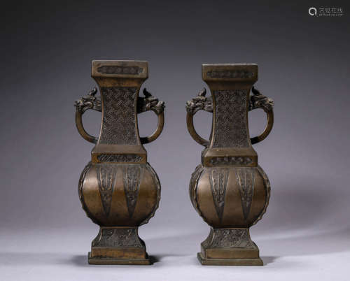 Pair of Bronze Chilong-Eared Square Vases