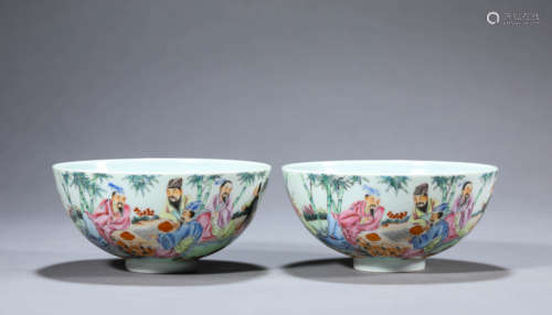 Pair of Famille Rose Seven Scholars Bowls