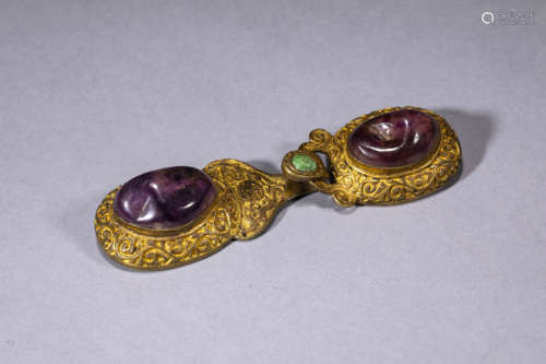 Tourmaline Inlaid Gilt-Bronze Belt Hook